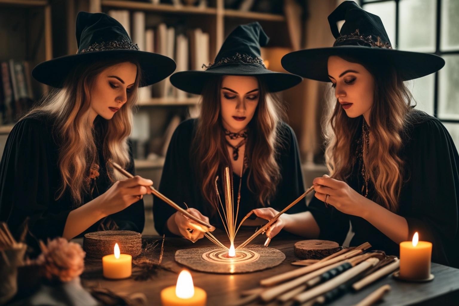 Image with seed 957611382 generated via Stable Diffusion through @stablehorde@sigmoid.social. Prompt: a picture of modern witches doing their craft