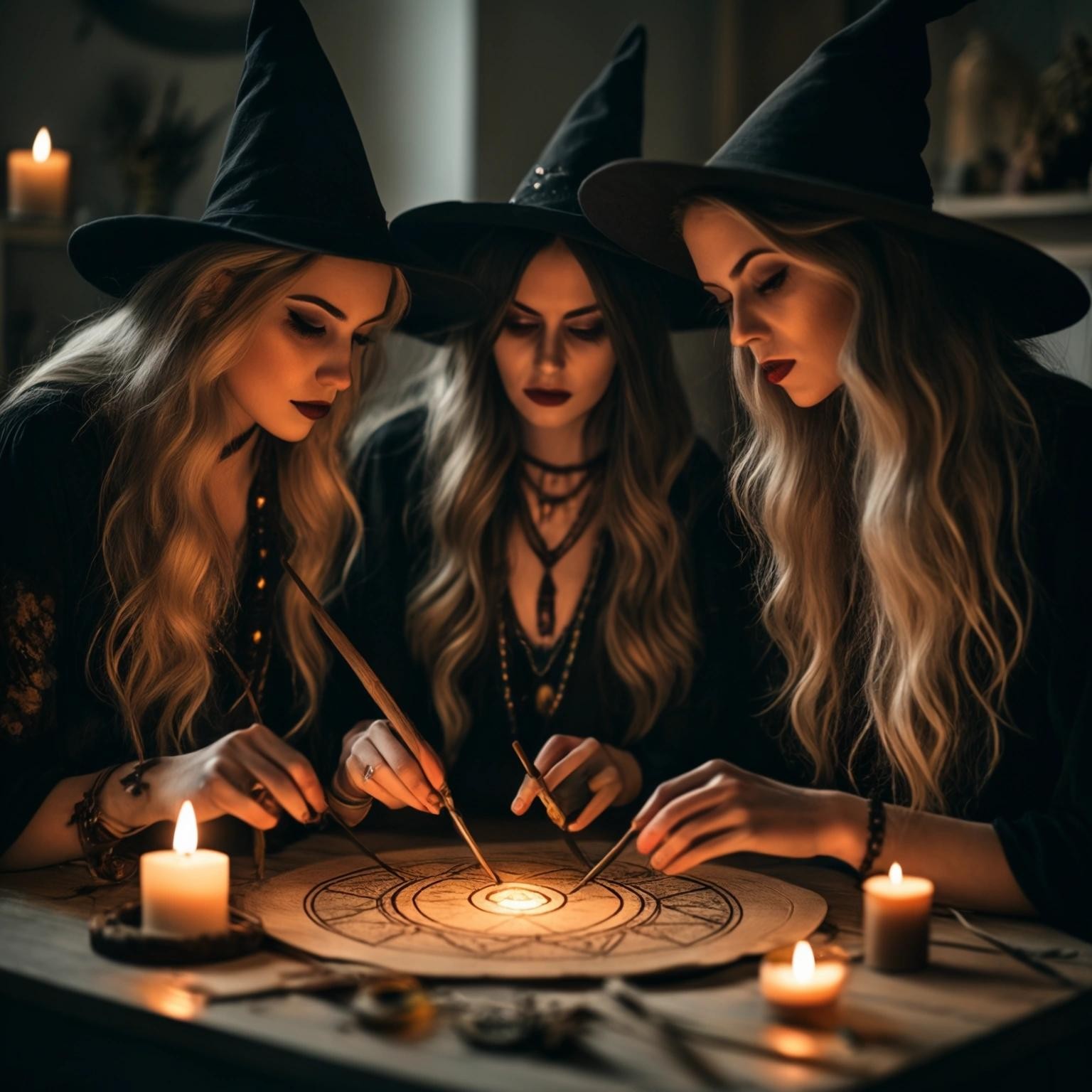 Image with seed 104123811 generated via Stable Diffusion through @stablehorde@sigmoid.social. Prompt: a picture of modern witches doing their craft