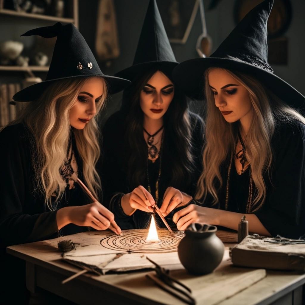 Image with seed 2995332820 generated via Stable Diffusion through @stablehorde@sigmoid.social. Prompt: a picture of modern witches doing their craft