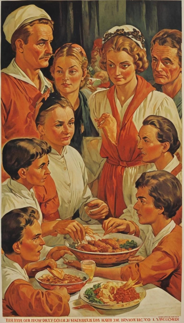 Image with seed 1733025339 generated via Stable Diffusion through @stablehorde@sigmoid.social. Prompt: USSR soviet propaganda poster, the poor feeding on the rich, ###photorealistic, cute, modern,