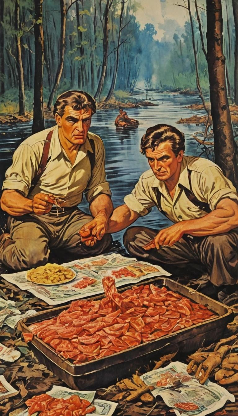 Image with seed 3061067003 generated via Stable Diffusion through @stablehorde@sigmoid.social. Prompt: USSR soviet propaganda poster, the rich choking on eating their money, in the background cut down woods and poisoned rivers, ###photorealistic, cute, modern,