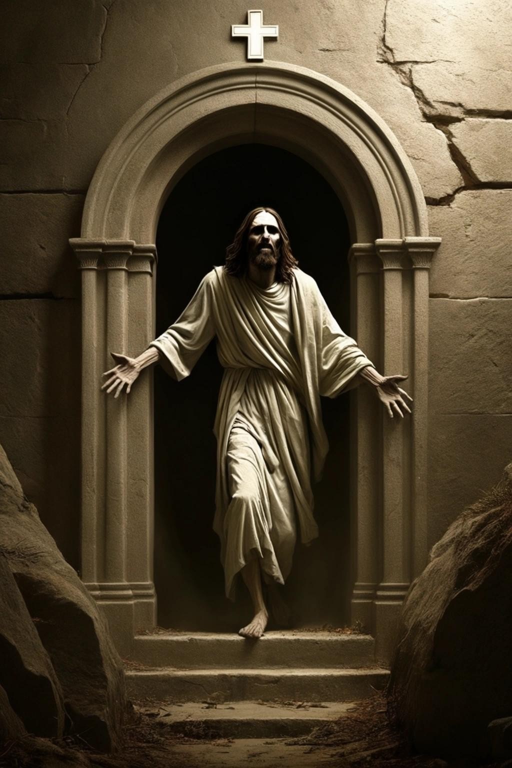 Image with seed 1652246828 generated via Stable Diffusion through @stablehorde@sigmoid.social. Prompt: jesus christ as a zombie exiting a tomb in style of the bible