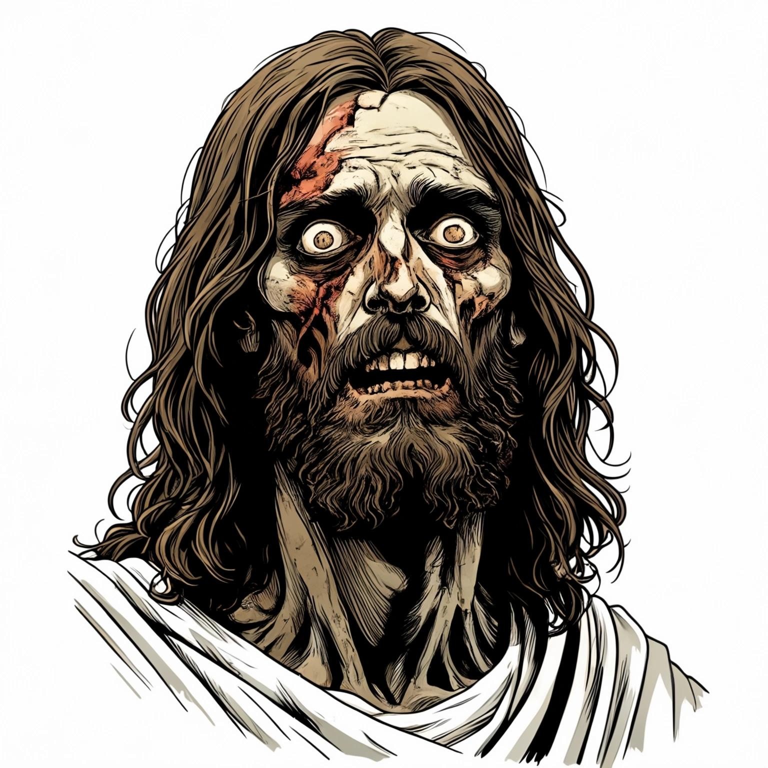 Image with seed 3225166830 generated via Stable Diffusion through @stablehorde@sigmoid.social. Prompt: jesus christ as a zombie on a white background in the style of a comic book
