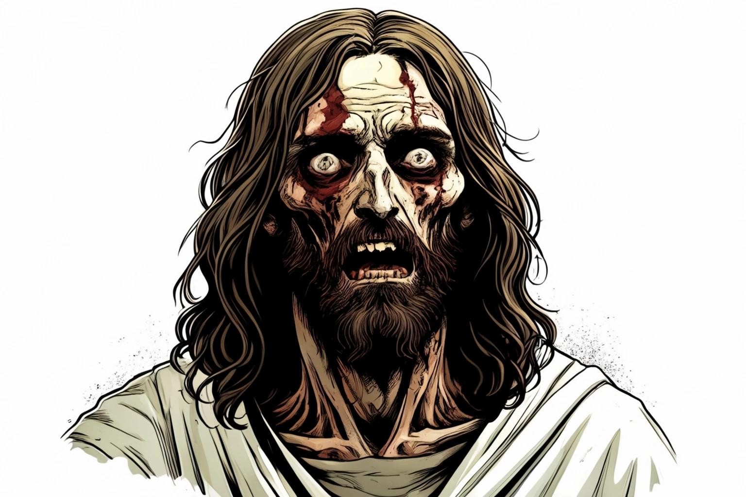 Image with seed 1459234195 generated via Stable Diffusion through @stablehorde@sigmoid.social. Prompt: jesus christ as a zombie on a white background in the style of a comic book
