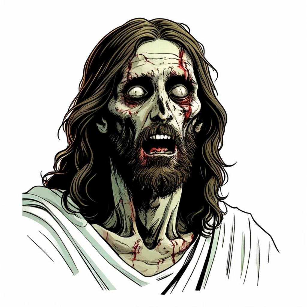 Image with seed 2268190981 generated via Stable Diffusion through @stablehorde@sigmoid.social. Prompt: jesus christ as a zombie on a white background in the style of a comic book