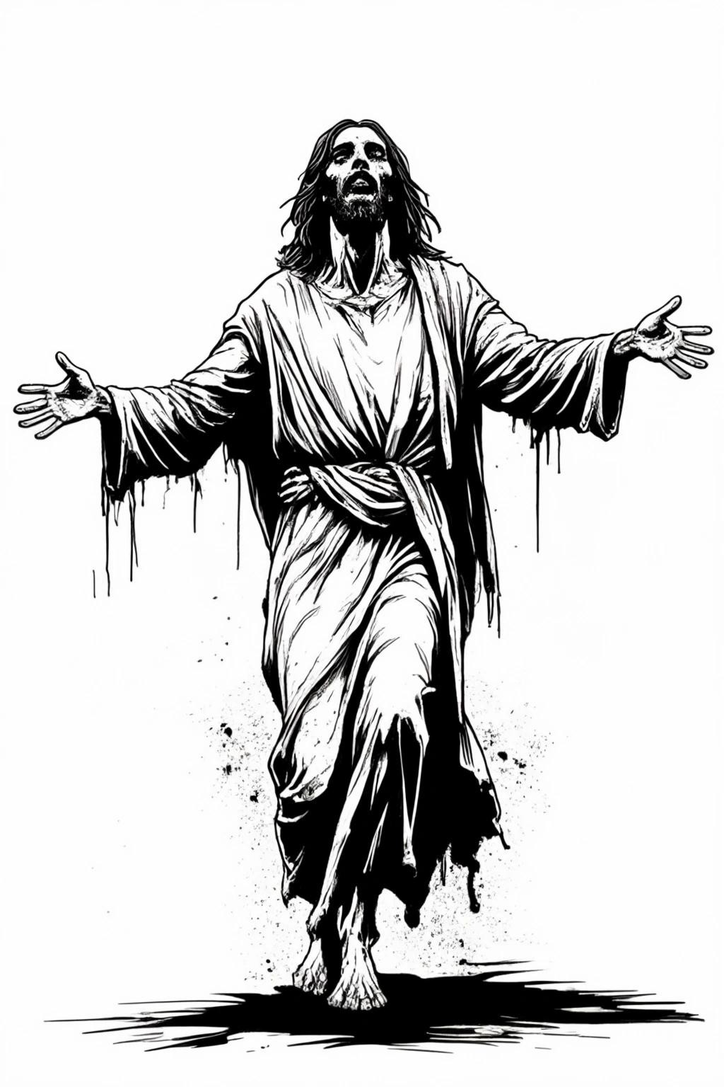 Image with seed 1822241789 generated via Stable Diffusion through @stablehorde@sigmoid.social. Prompt: jesus christ as a zombie walking with his arms outstretched on a white background in the style of a comic book