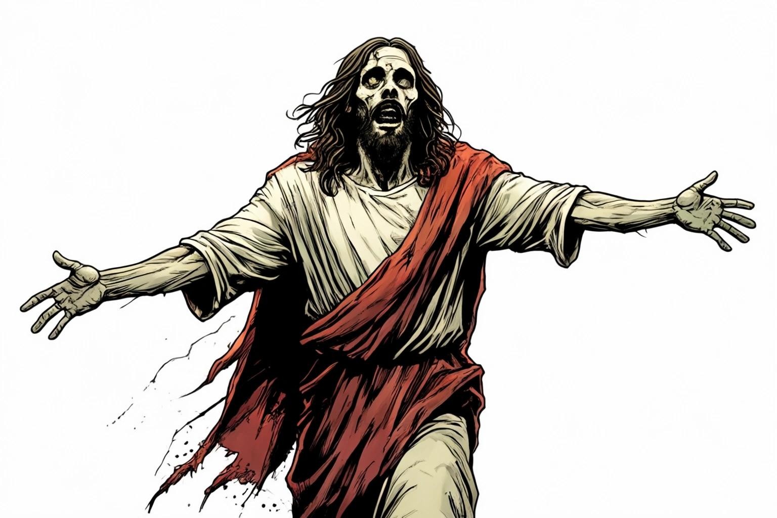Image with seed 327740278 generated via Stable Diffusion through @stablehorde@sigmoid.social. Prompt: jesus christ as a zombie walking with his arms outstretched on a white background in the style of a comic book