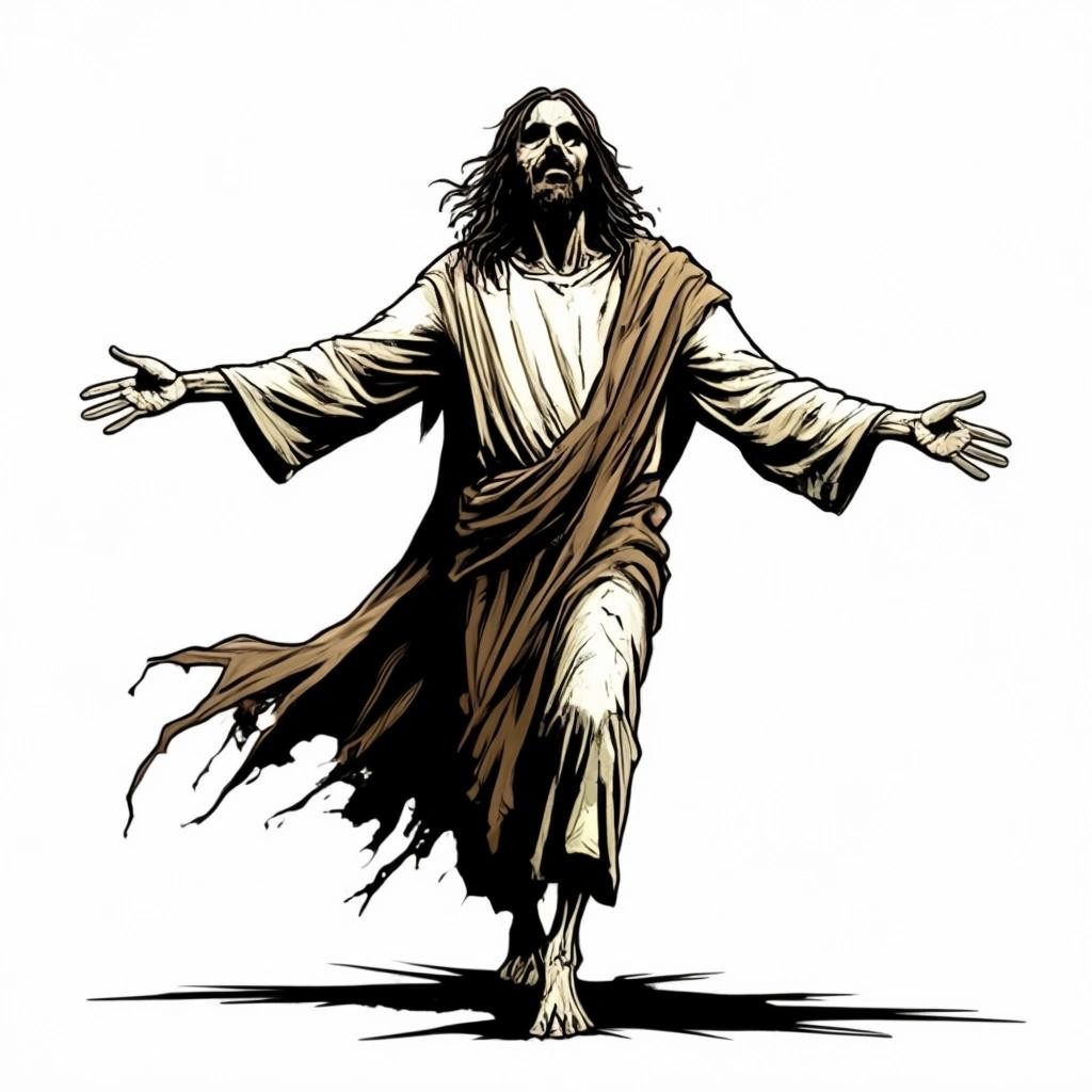 Image with seed 3452745306 generated via Stable Diffusion through @stablehorde@sigmoid.social. Prompt: jesus christ as a zombie walking with his arms outstretched on a white background in the style of a comic book