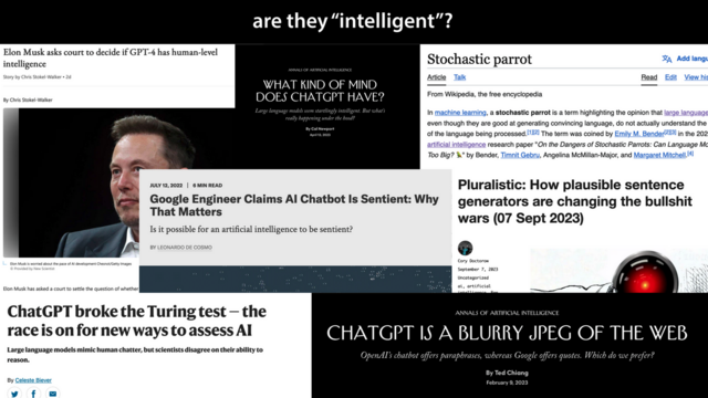 A slide to accompany the  discussion of whether GPT-style chat bots are intelligent, in some sense. It shows a veriety of headlines and thinkpieces.