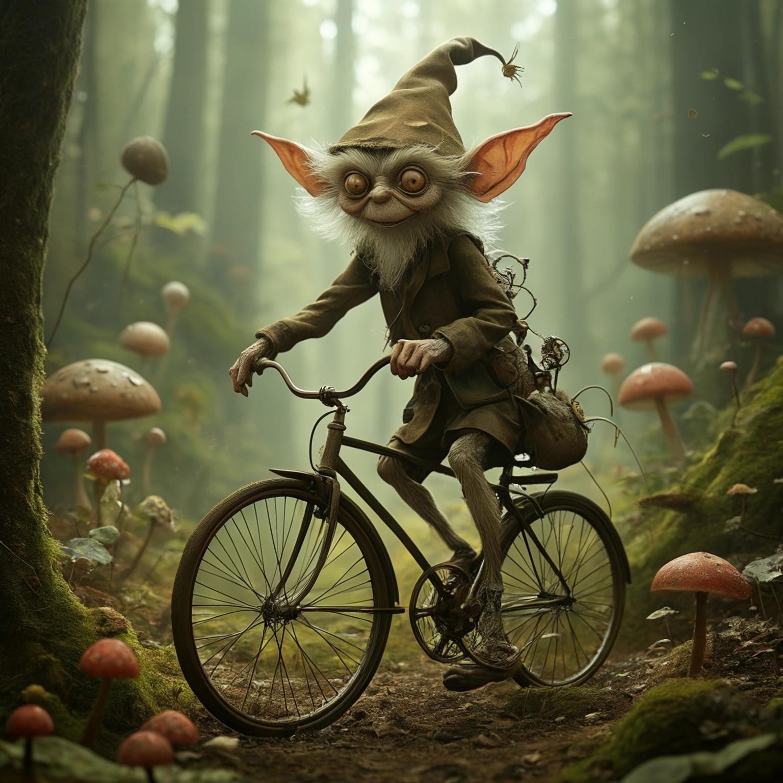 Image with seed 1664408897 generated via Stable Diffusion through @stablehorde@sigmoid.social. Prompt: lost souls in the forest of time, goblin riding a bicycle, fairies, mushrooms, gnomes, weird furry creatures, clocks, pocketwatches, surrealism, dreamlike