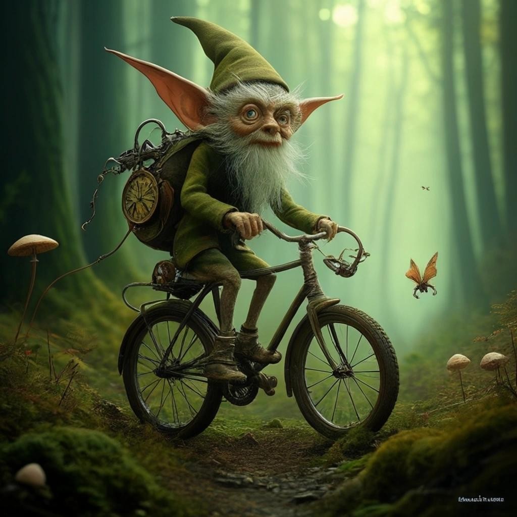 Image with seed 2652980939 generated via Stable Diffusion through @stablehorde@sigmoid.social. Prompt: lost souls in the forest of time, goblin riding a bicycle, fairies, mushrooms, gnomes, weird furry creatures, clocks, pocketwatches, surrealism, dreamlike