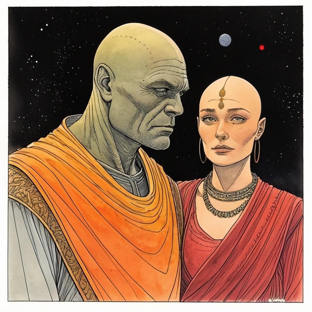 Image with seed 3621563505 generated via Stable Diffusion through @stablehorde@sigmoid.social. Prompt: Darmok and Jalad at Tanagra, space opera, aliens, graphic novel, comic book, watercolour on black ink drawing, by Moebius