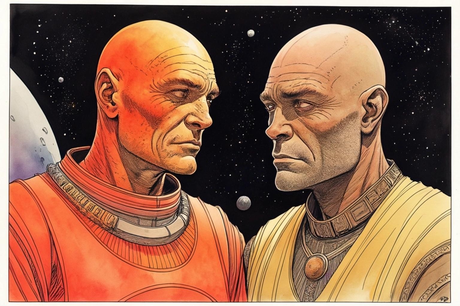 Image with seed 937671589 generated via Stable Diffusion through @stablehorde@sigmoid.social. Prompt: Darmok and Jalad at Tanagra, space opera, aliens, graphic novel, comic book, watercolour on black ink drawing, by Moebius