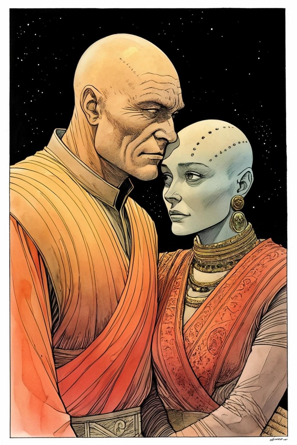 Image with seed 1883602808 generated via Stable Diffusion through @stablehorde@sigmoid.social. Prompt: Darmok and Jalad at Tanagra, space opera, aliens, graphic novel, comic book, watercolour on black ink drawing, by Moebius