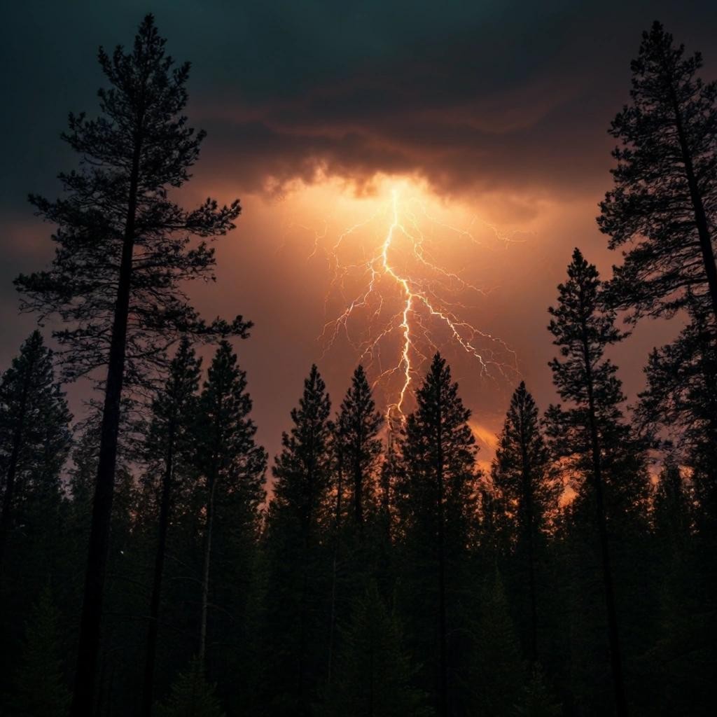 Image with seed 4155818363 generated via Stable Diffusion through @stablehorde@sigmoid.social. Prompt: a pine forest during a thunderstorm.  Treetops glowing with St Elmo's fire.