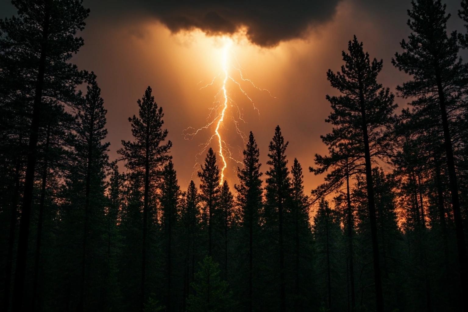 Image with seed 685380282 generated via Stable Diffusion through @stablehorde@sigmoid.social. Prompt: a pine forest during a thunderstorm.  Treetops glowing with St Elmo's fire.