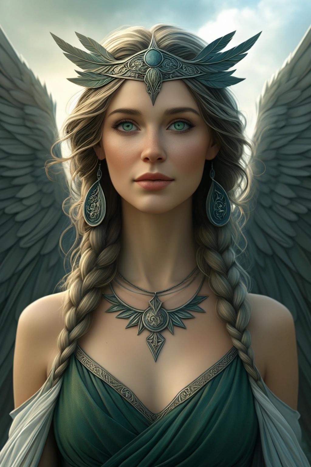 Image with seed 2518841293 generated via Stable Diffusion through @stablehorde@sigmoid.social. Prompt: a Celtic Goddess of the sky and air