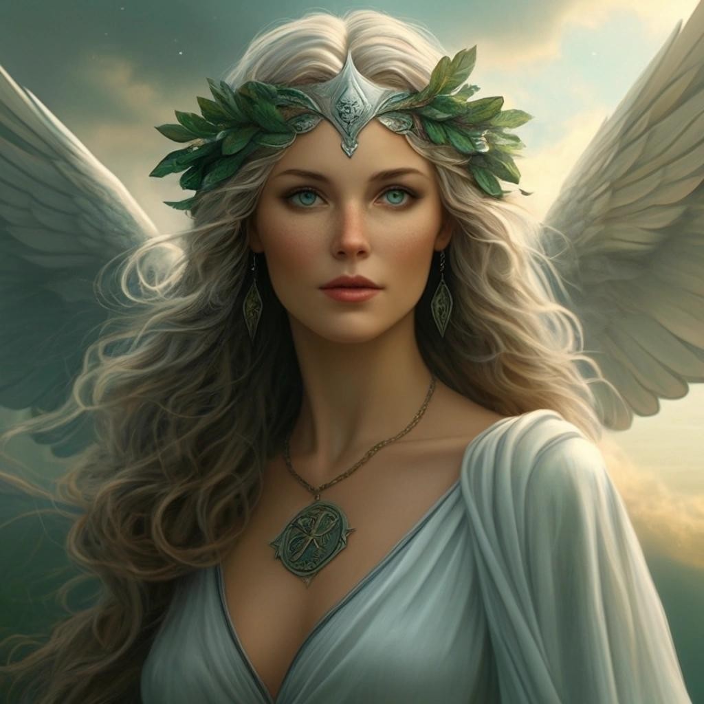 Image with seed 1790618923 generated via Stable Diffusion through @stablehorde@sigmoid.social. Prompt: a mature Celtic Goddess of the sky and air
