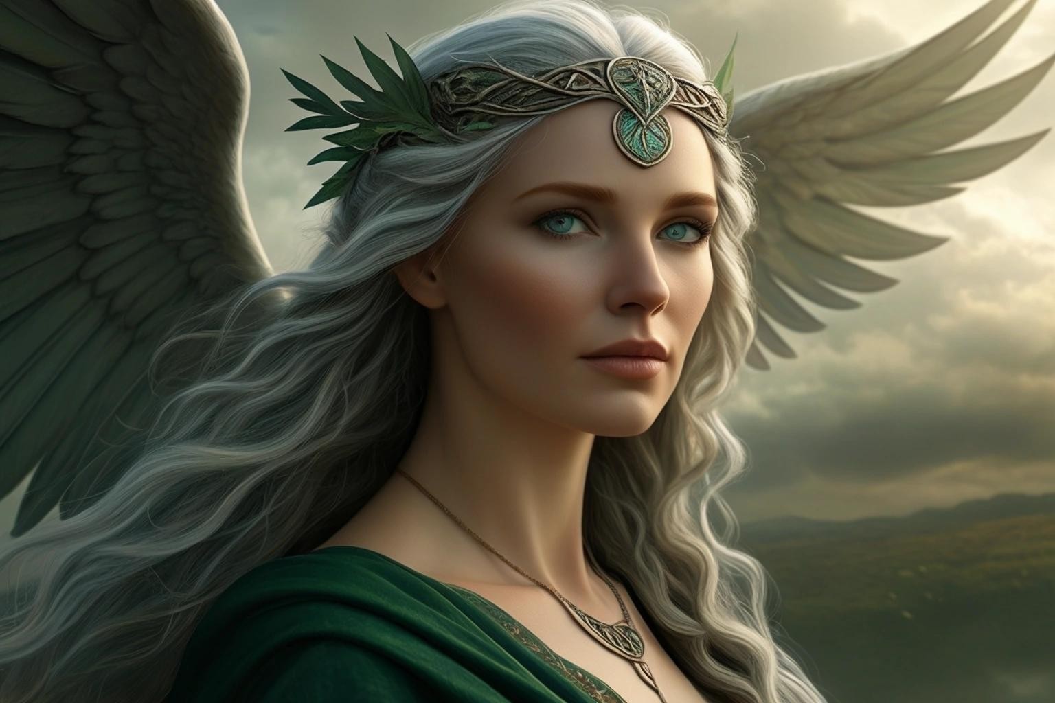 Image with seed 187457475 generated via Stable Diffusion through @stablehorde@sigmoid.social. Prompt: a mature Celtic Goddess of the sky and air