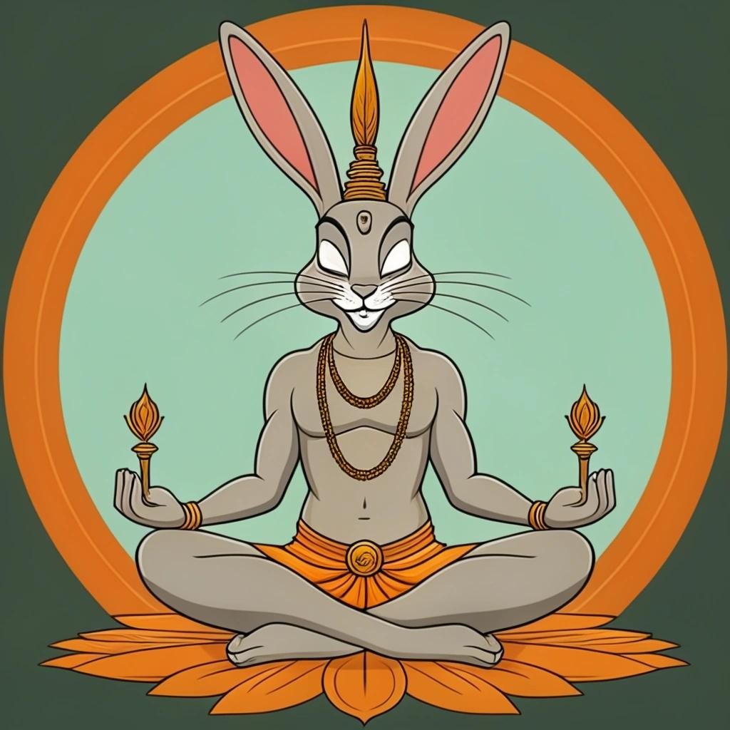 Image with seed 2568464354 generated via Stable Diffusion through @stablehorde@sigmoid.social. Prompt: Bugs Bunny as a Bodhisattva