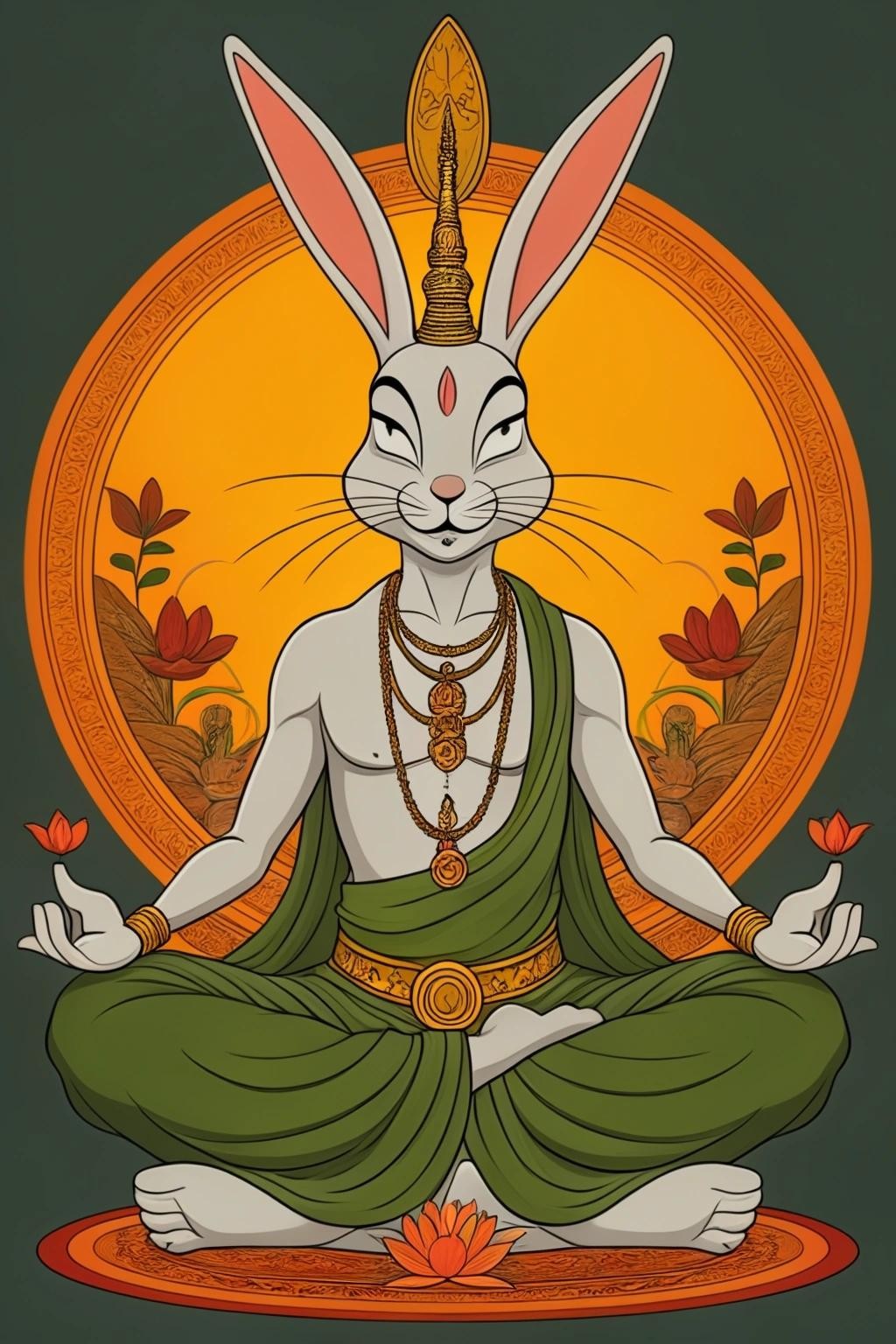 Image with seed 4074143753 generated via Stable Diffusion through @stablehorde@sigmoid.social. Prompt: Bugs Bunny as a Bodhisattva