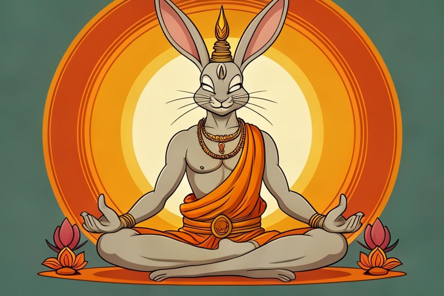 Image with seed 2147462549 generated via Stable Diffusion through @stablehorde@sigmoid.social. Prompt: Bugs Bunny as a Bodhisattva