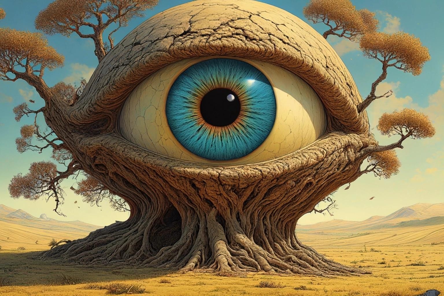 Image with seed 253954922 generated via Stable Diffusion through @stablehorde@sigmoid.social. Prompt: A huge eyeball growing in a giant tree, surrealism, weird plants, whimsical,trending on Artstation, highly detailed, elegant, fantasy, photorealistic, high detail, hyperrealistic, 4K 3D, colourful, Jacek Yerka, Gothic, SALVADOR DALI, dreamlike, Surrealism, H.R. Giger, Hieronymus Bosch, heavy metal, whimsical, Moebius