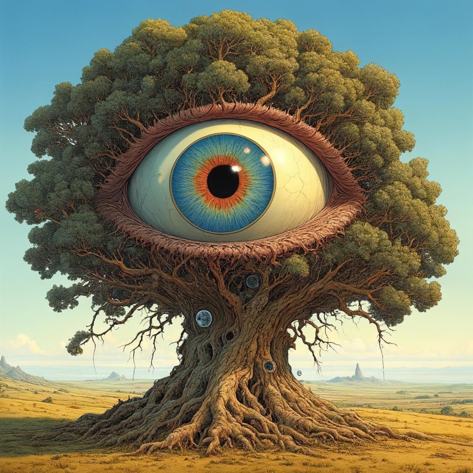 Image with seed 1868430608 generated via Stable Diffusion through @stablehorde@sigmoid.social. Prompt: A huge eyeball growing in a giant tree, surrealism, weird plants, whimsical,trending on Artstation, highly detailed, elegant, fantasy, photorealistic, high detail, hyperrealistic, 4K 3D, colourful, Jacek Yerka, Gothic, SALVADOR DALI, dreamlike, Surrealism, H.R. Giger, Hieronymus Bosch, heavy metal, whimsical, Moebius