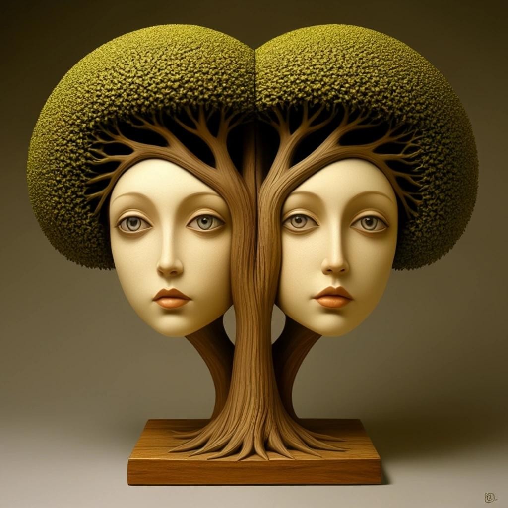 Image with seed 1773154841 generated via Stable Diffusion through @stablehorde@sigmoid.social. Prompt: Pop surrealism, surrealist sculpture, two faces next to a tree in the style of Bridget Bate Tichenor, Daniel Merriam, David Baldeon comic art, Andrei Remnev, happy mood, left-right symmetry, Steven Outram, ultra fine detail painting, Bruce Timm and Vladimir Kush, by Naoto Hattori
