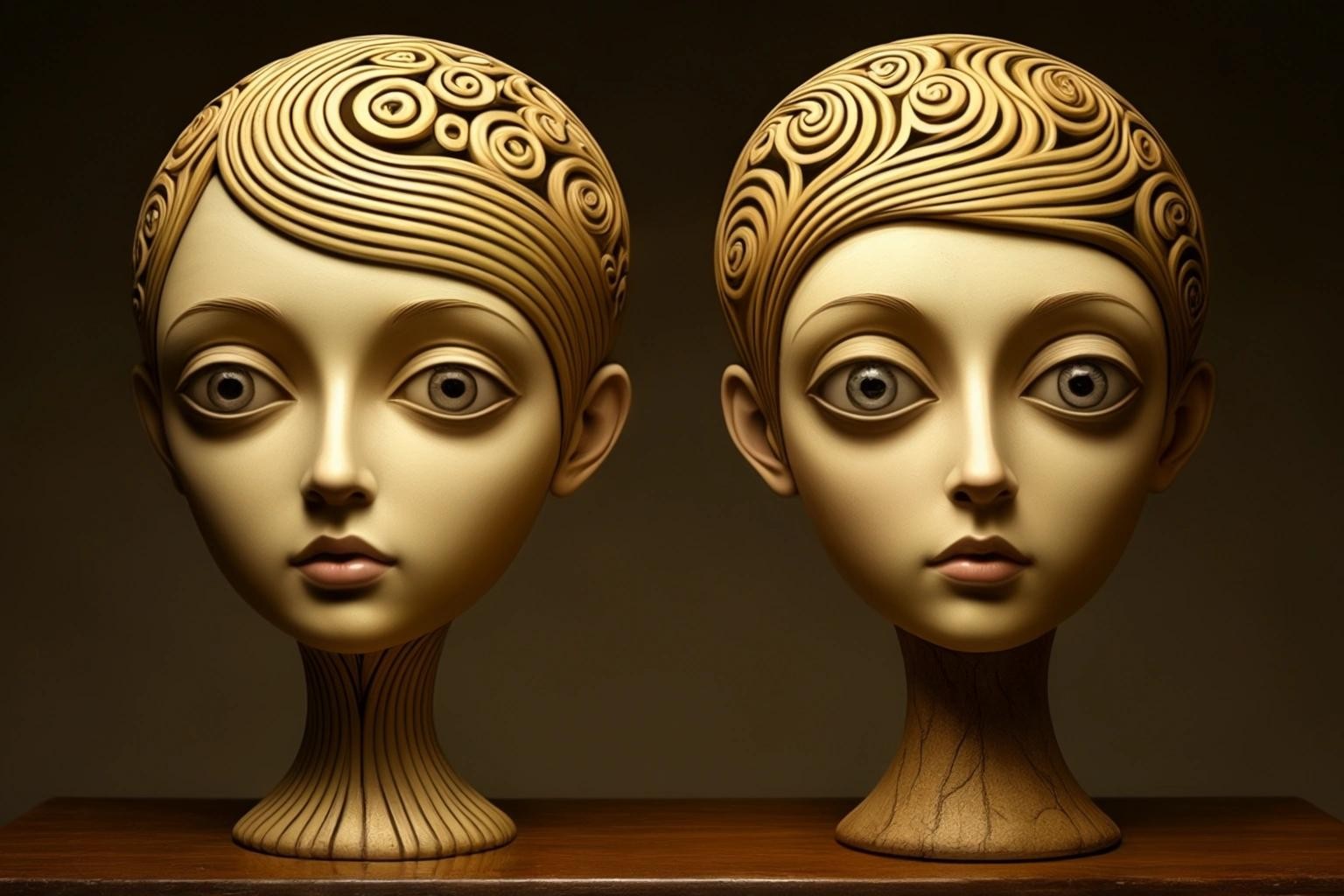 Image with seed 1957407476 generated via Stable Diffusion through @stablehorde@sigmoid.social. Prompt: Pop surrealism, surrealist sculpture, two faces next to a tree in the style of Bridget Bate Tichenor, Daniel Merriam, David Baldeon comic art, Andrei Remnev, happy mood, left-right symmetry, Steven Outram, ultra fine detail painting, Bruce Timm and Vladimir Kush, by Naoto Hattori