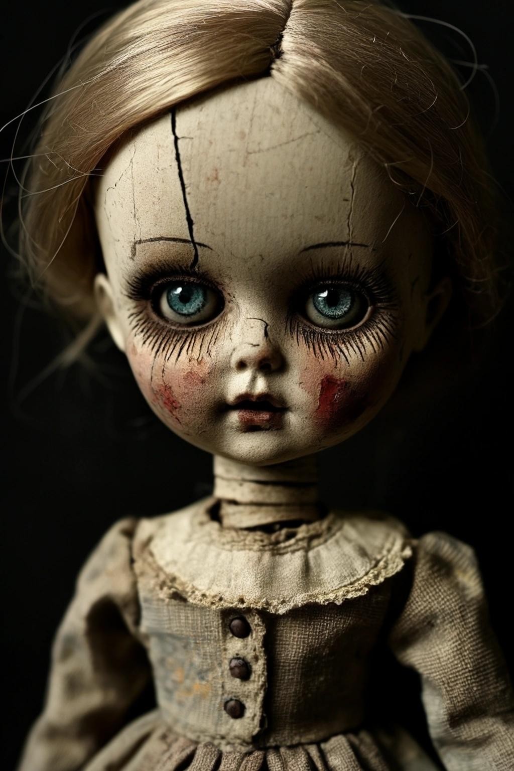 Image with seed 911030224 generated via Stable Diffusion through @stablehorde@sigmoid.social. Prompt: creepy old dolls, broken, patched up, bent, mutated, cursed, horror, dark, menacing, gothic, (masterpiece), best quality, expressive eyes
