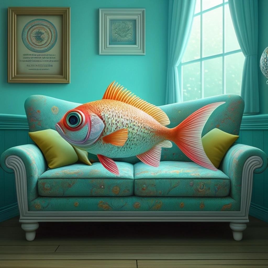 Image with seed 4005835179 generated via Stable Diffusion through @stablehorde@sigmoid.social. Prompt: Very detailed whimsical cute underwater living room, a fish wearing reading glasses sitting on the couch reading a newspaper, joyful, happy, d&d, whimsical, fantasy, vibrant colors, hyperrealism delicate detail complex, ultra smooth, octane render, pop surrealism art by Mark Ryden and Anna Dittmann