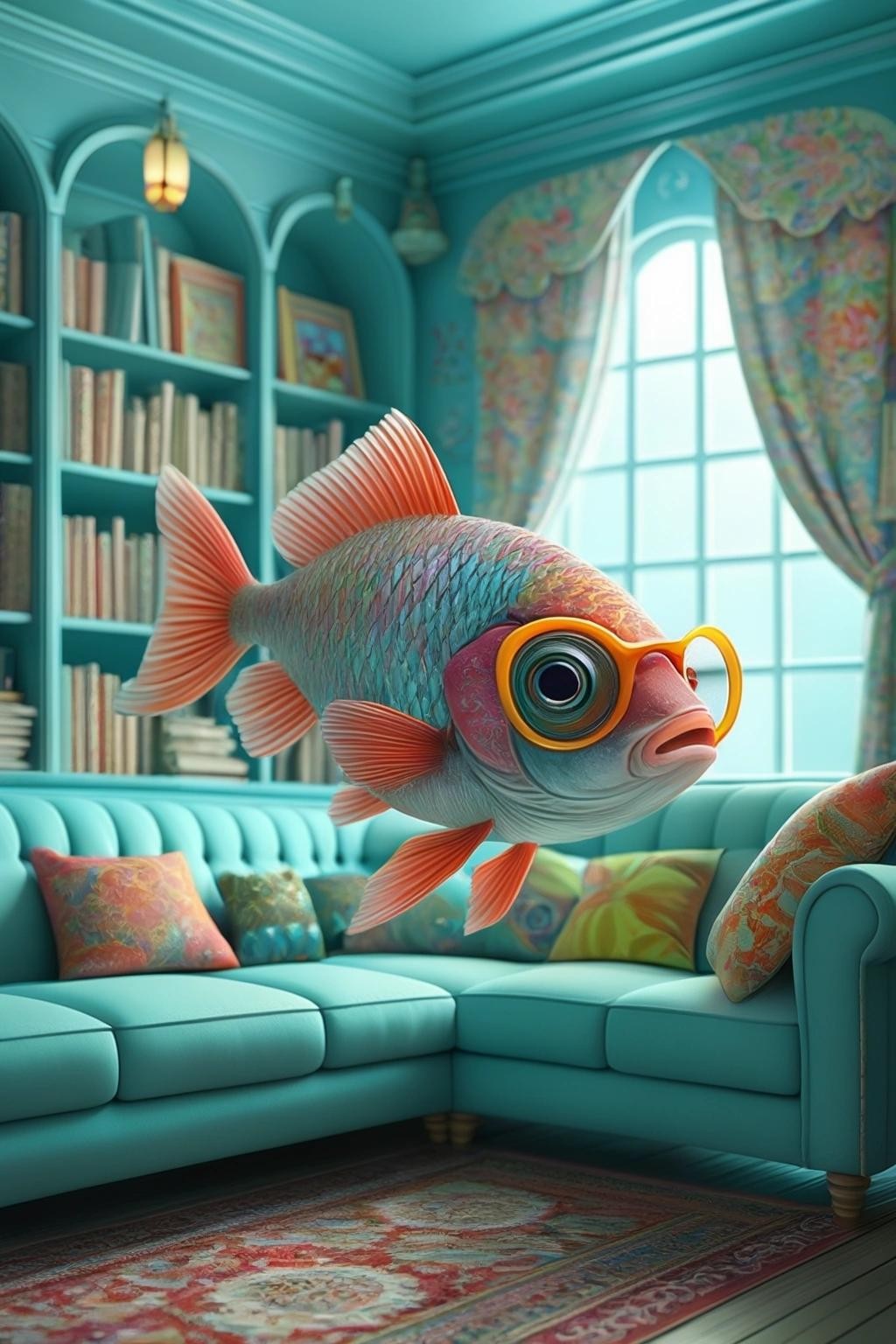 Image with seed 2607606224 generated via Stable Diffusion through @stablehorde@sigmoid.social. Prompt: Very detailed whimsical cute underwater living room, a fish wearing reading glasses sitting on the couch reading a newspaper, joyful, happy, d&d, whimsical, fantasy, vibrant colors, hyperrealism delicate detail complex, ultra smooth, octane render, pop surrealism art by Mark Ryden and Anna Dittmann