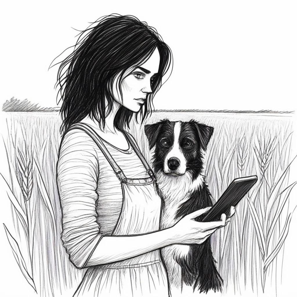 Image with seed 3956242616 generated via Stable Diffusion through @stablehorde@sigmoid.social. Prompt: a black and white hand drawn sketch of a dark haired ragged woman with a dog on her side and an iPad in her hand standing in a corn field
