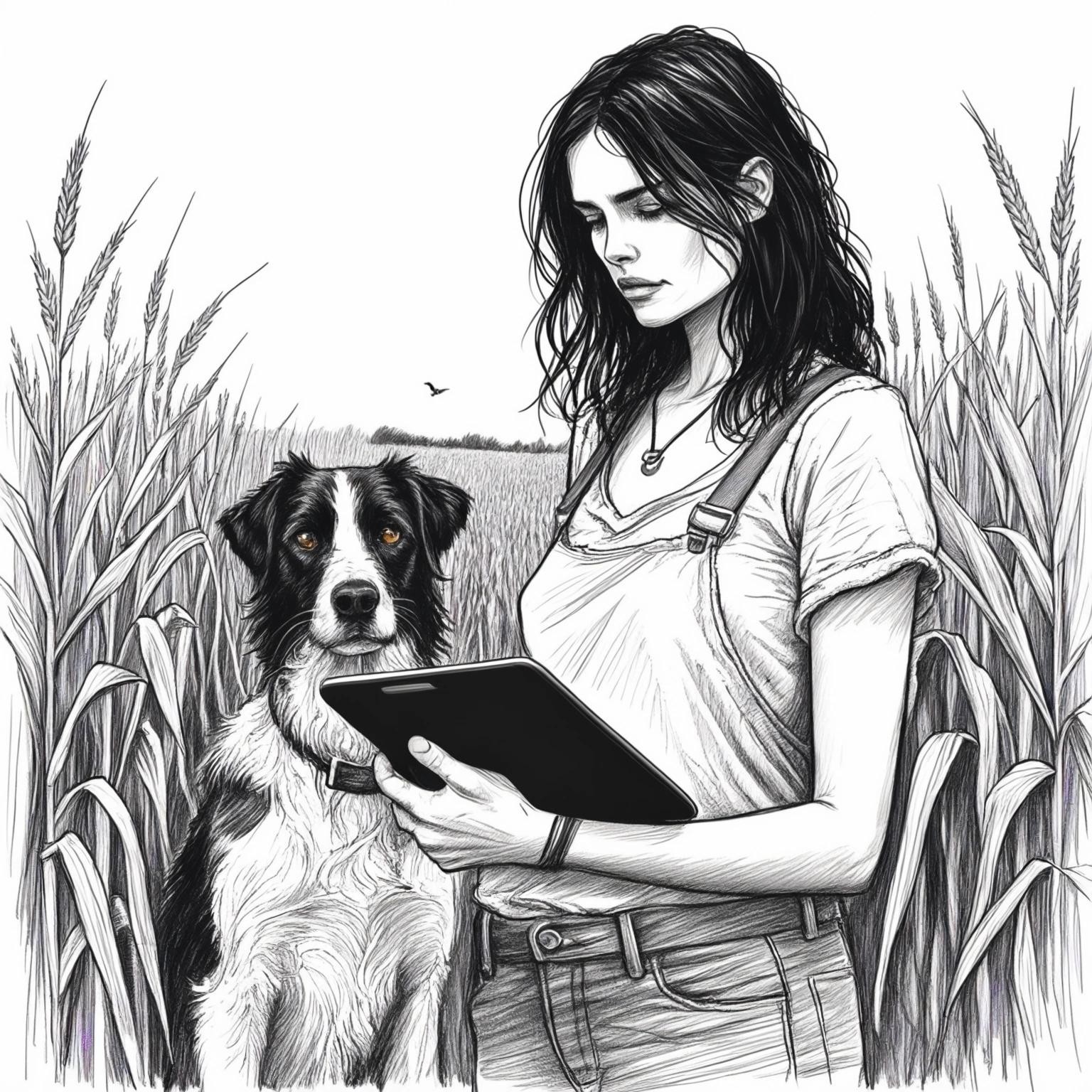 Image with seed 3894049848 generated via Stable Diffusion through @stablehorde@sigmoid.social. Prompt: a black and white hand drawn sketch of a dark haired ragged woman with a dog on her side and an iPad in her hand standing in a corn field