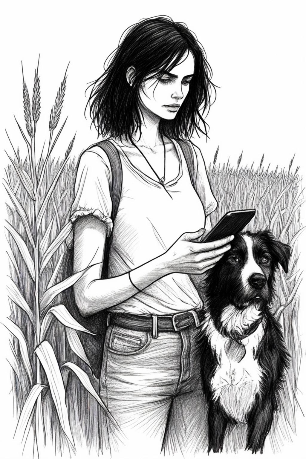 Image with seed 3918882136 generated via Stable Diffusion through @stablehorde@sigmoid.social. Prompt: a black and white hand drawn sketch of a dark haired ragged woman with a dog on her side and an iPad in her hand standing in a corn field