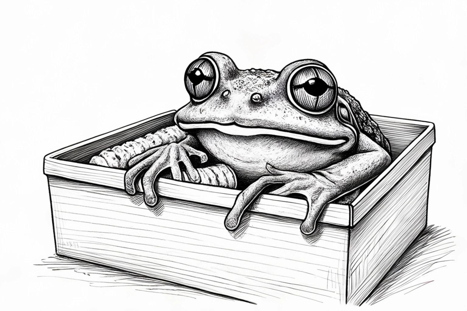 Image with seed 4254943416 generated via Stable Diffusion through @stablehorde@sigmoid.social. Prompt: a black and white hand drawn sketch of a frog with enormous eyes and gils eating away on a corn cob in a freezer
