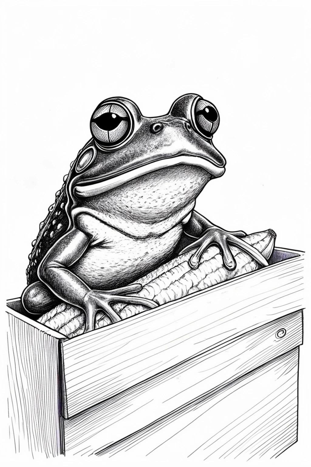 Image with seed 1971623677 generated via Stable Diffusion through @stablehorde@sigmoid.social. Prompt: a black and white hand drawn sketch of a frog with enormous eyes and gils eating away on a corn cob in a freezer