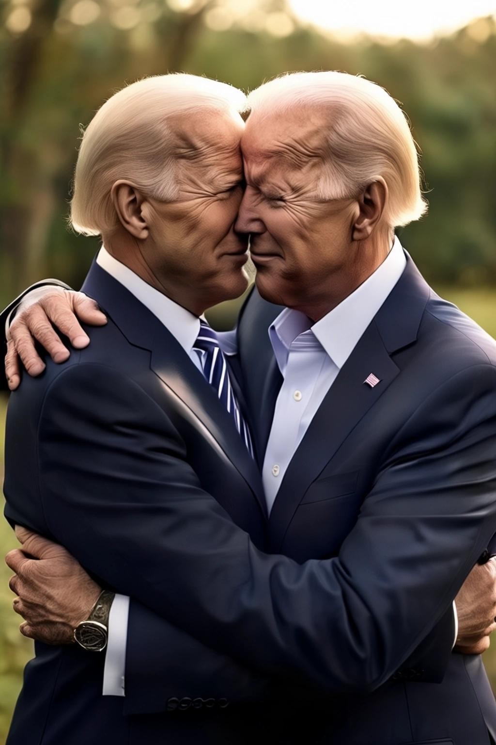 Image with seed 120927412 generated via Stable Diffusion through @stablehorde@sigmoid.social. Prompt: (Joe Biden) and (Donald Trump) embracing romantically, on a picnic.