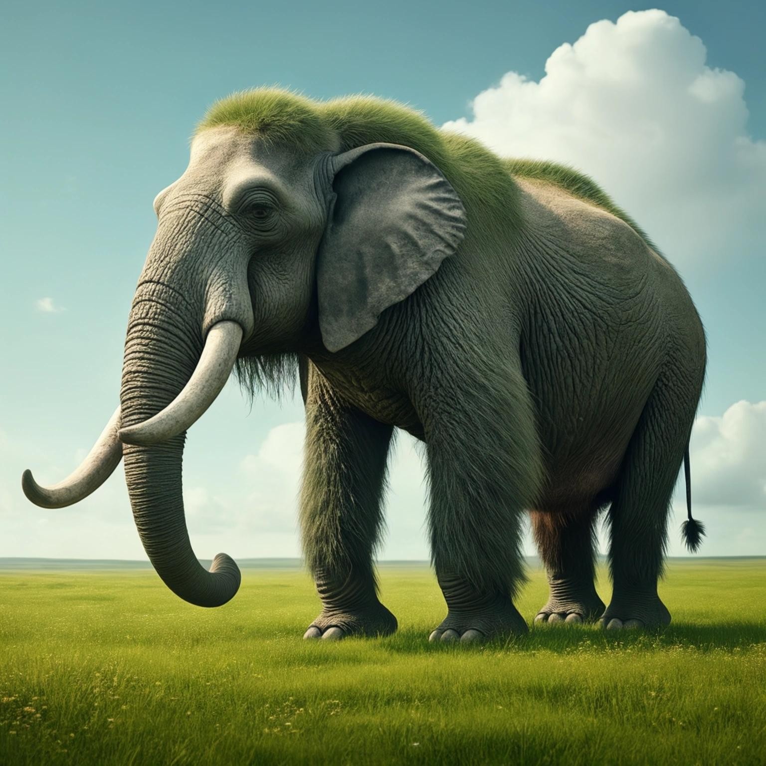 Image with seed 588605907 generated via Stable Diffusion through @stablehorde@sigmoid.social. Prompt: an image of a happy Mastodon walking on a green meadow.