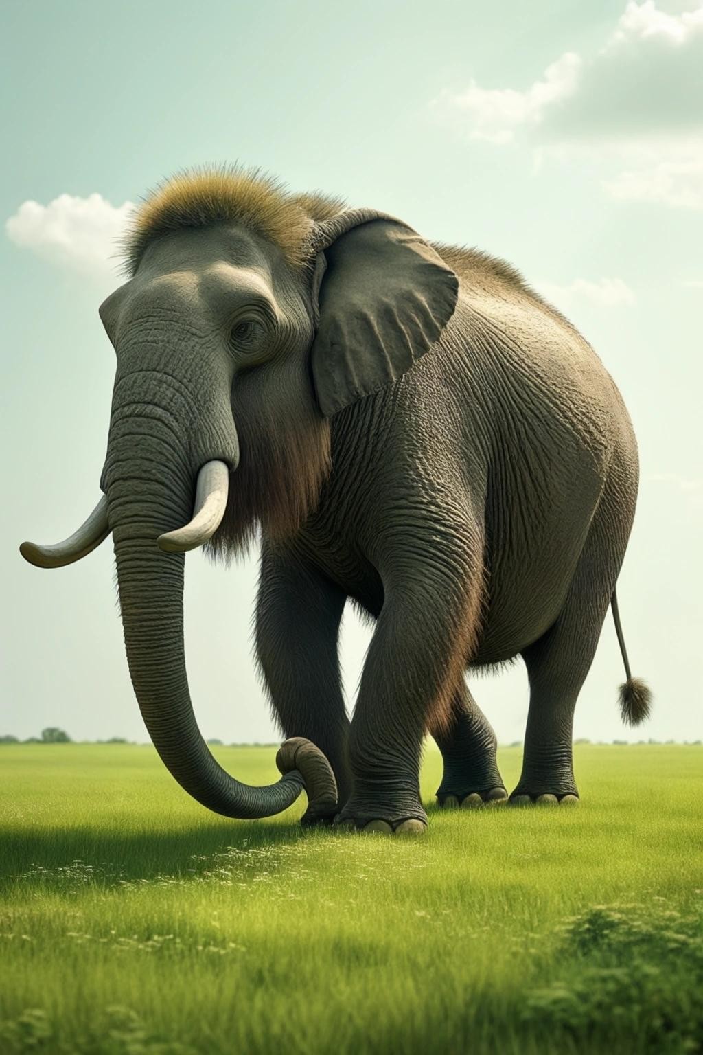 Image with seed 1418551266 generated via Stable Diffusion through @stablehorde@sigmoid.social. Prompt: an image of a happy Mastodon walking on a green meadow.