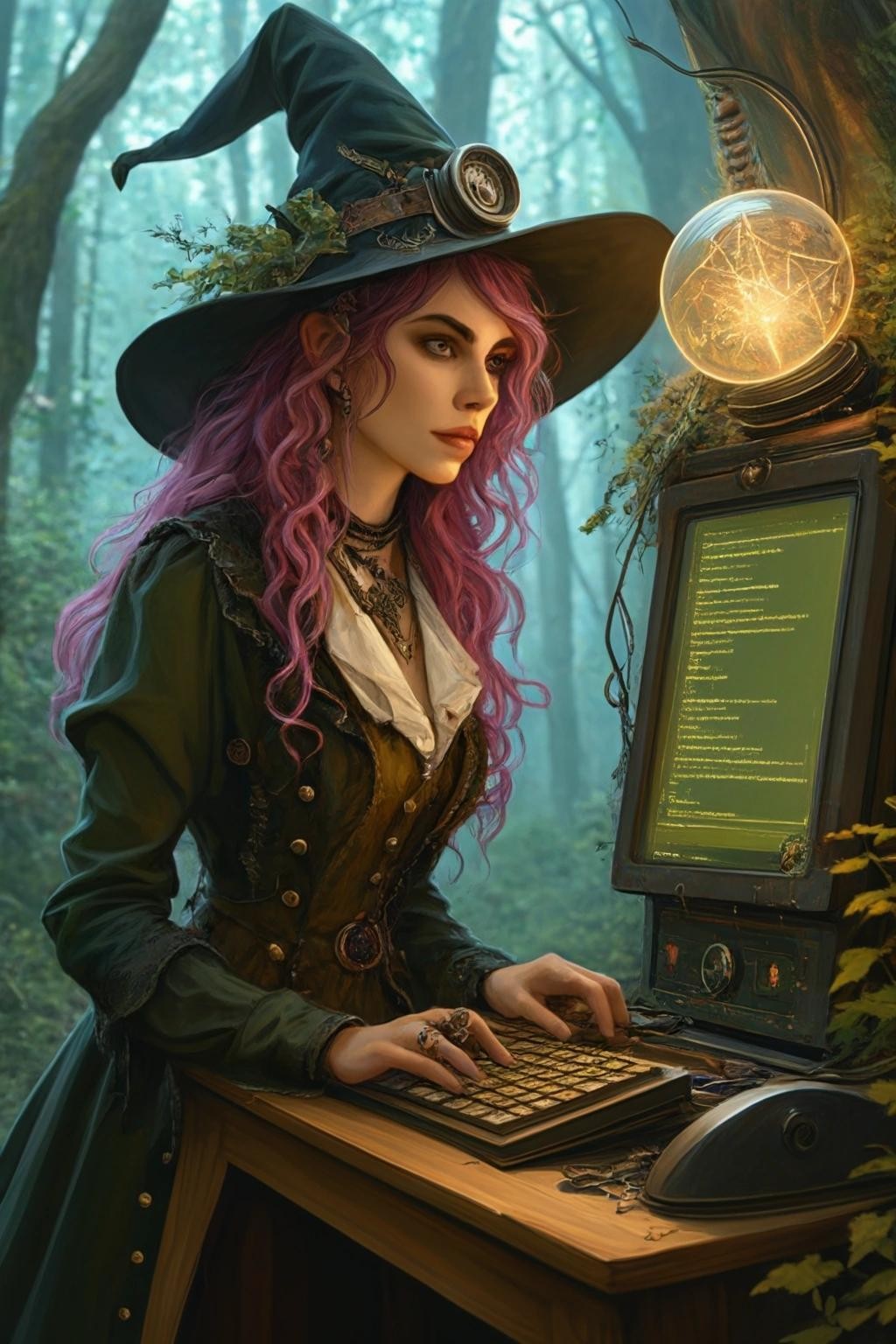 Image with seed 1912873476 generated via Stable Diffusion through @stablehorde@sigmoid.social. Prompt: a trans femme witchzard, a mix of a witch and wizard, a non-binary person presenting feminine, in a beautiful and enchanted forest, writing software at a steam-punk computer terminal.