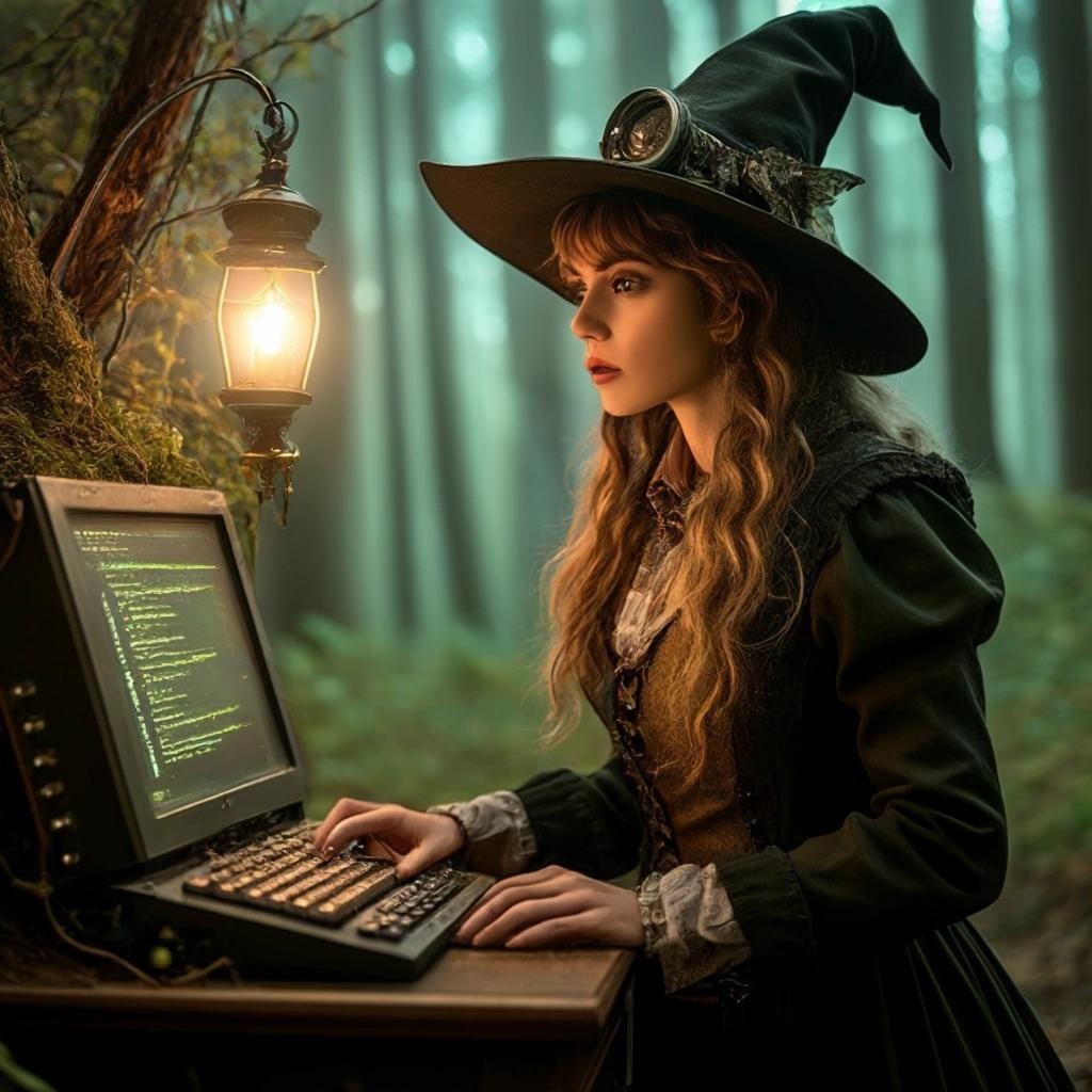 Image with seed 1155673617 generated via Stable Diffusion through @stablehorde@sigmoid.social. Prompt: a trans femme witchzard, a mix of a witch and wizard, a non-binary person presenting feminine, in a beautiful and enchanted forest, writing software at a steam-punk computer terminal.