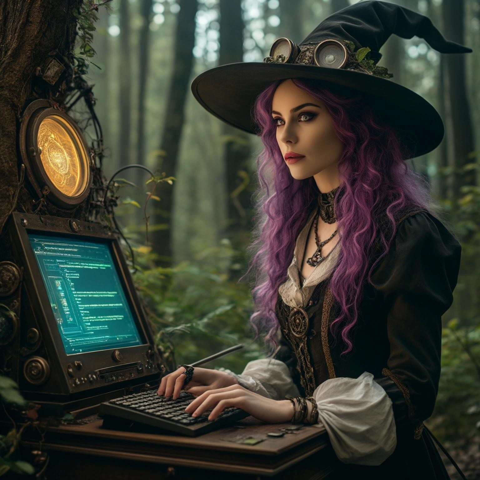 Image with seed 2910084748 generated via Stable Diffusion through @stablehorde@sigmoid.social. Prompt: a trans femme witchzard, a mix of a witch and wizard, a non-binary person presenting feminine, in a beautiful and enchanted forest, writing software at a steam-punk computer terminal.