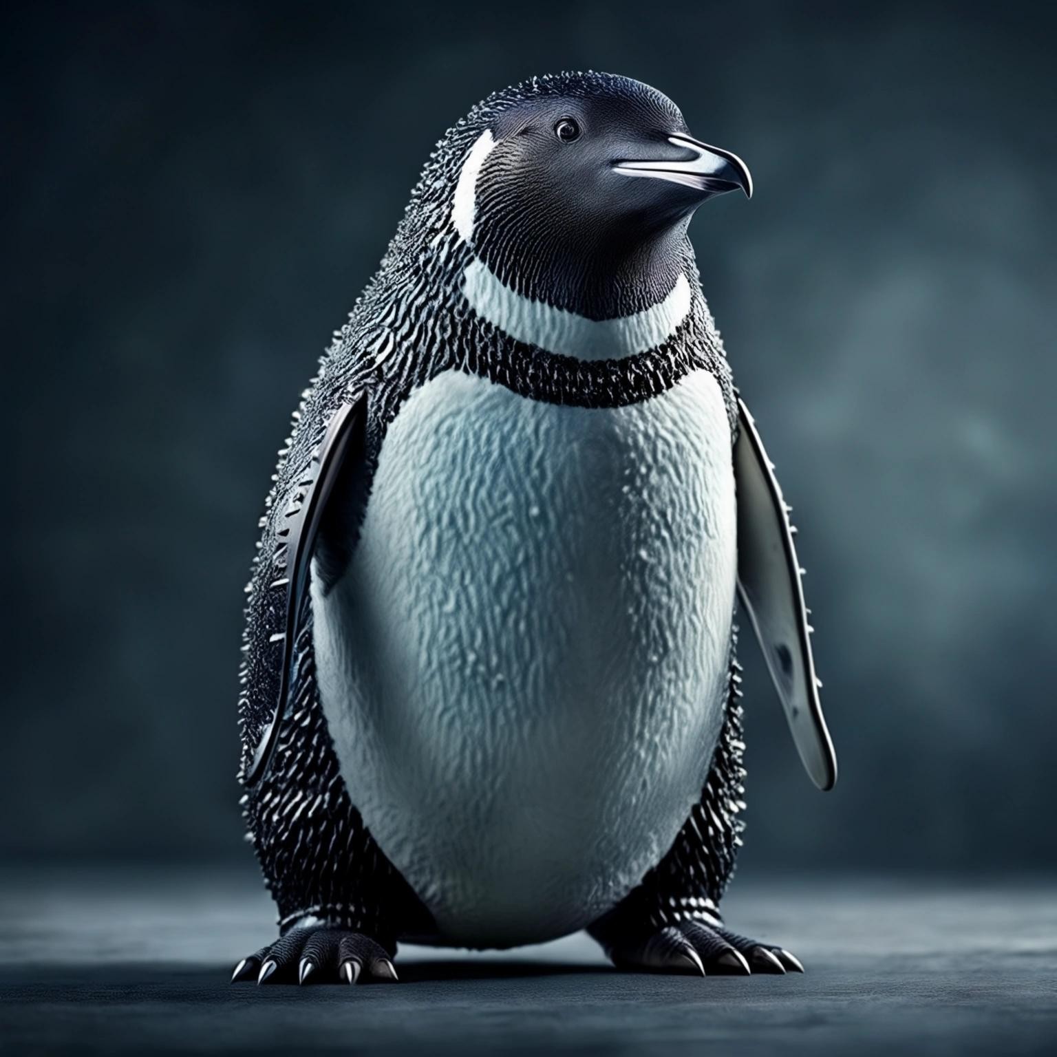 Image with seed 611132749 generated via Stable Diffusion through @stablehorde@sigmoid.social. Prompt: an armored penguin, protecting a data center