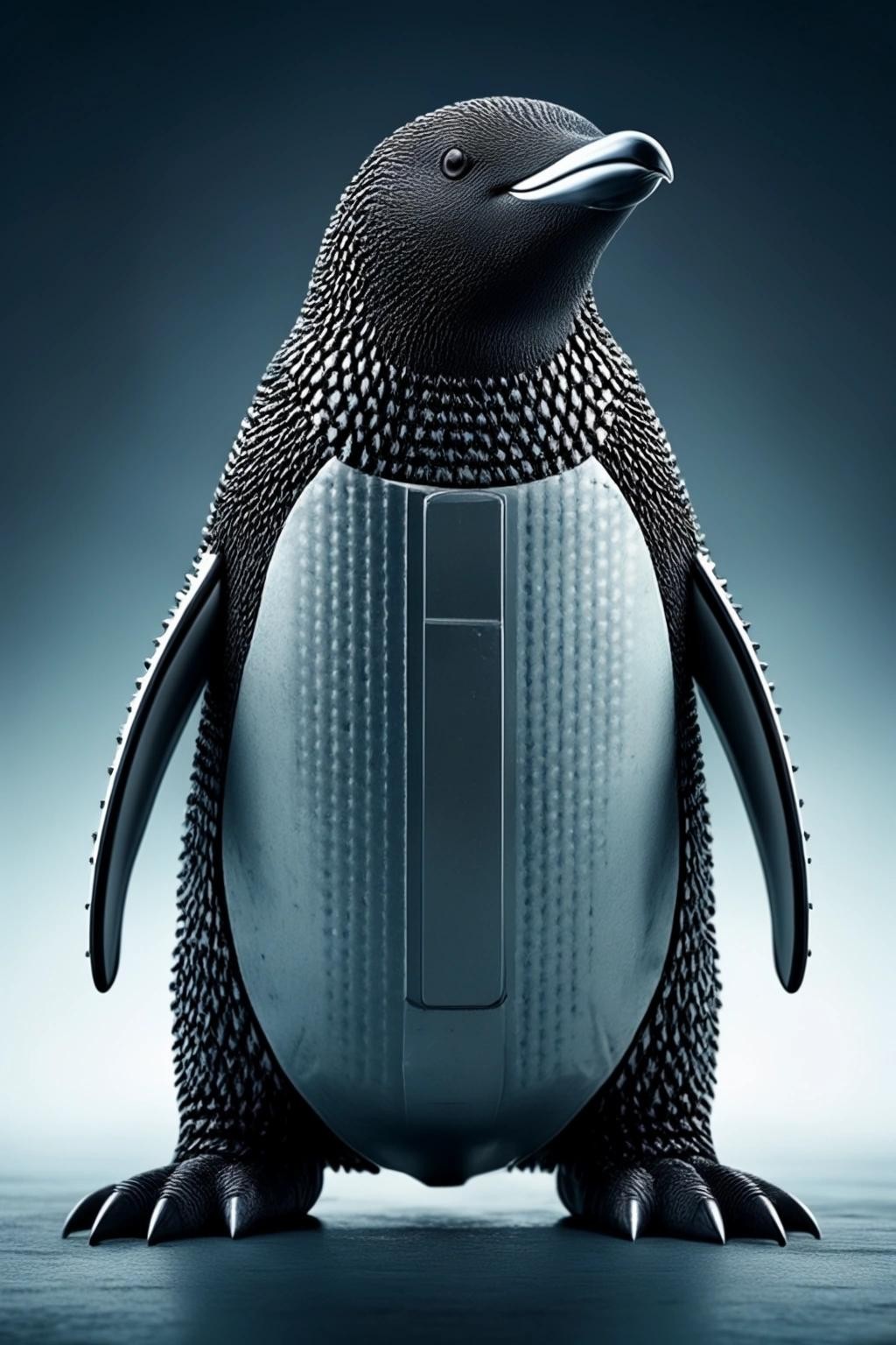 Image with seed 3764518143 generated via Stable Diffusion through @stablehorde@sigmoid.social. Prompt: an armored penguin, protecting a data center