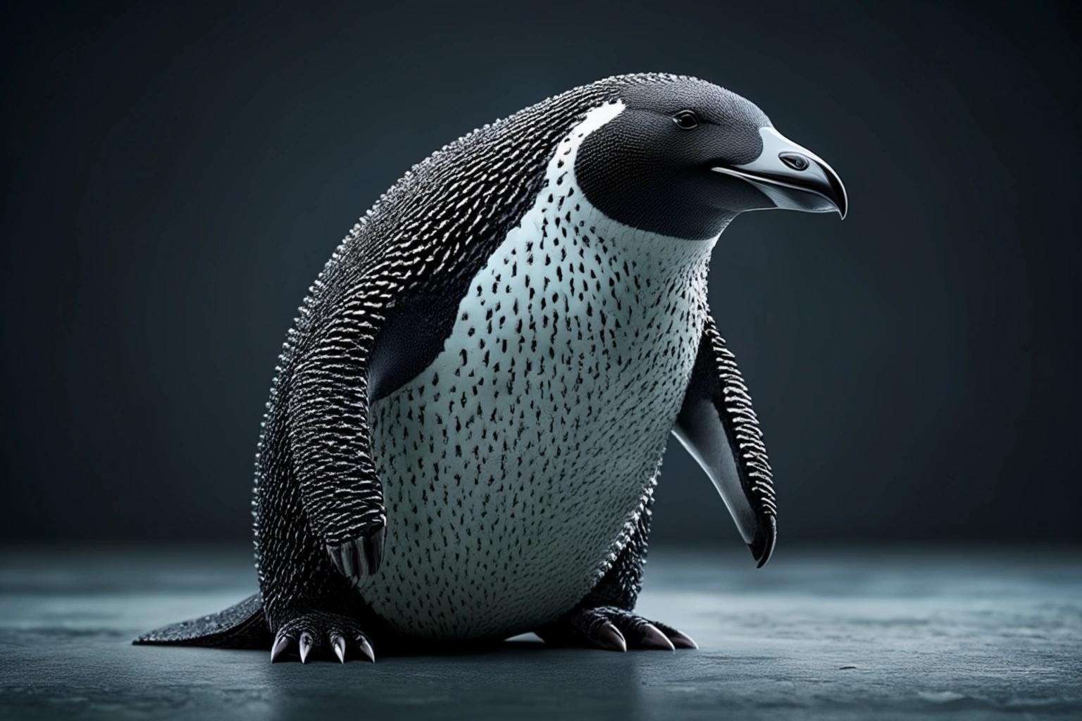 Image with seed 1569680343 generated via Stable Diffusion through @stablehorde@sigmoid.social. Prompt: an armored penguin, protecting a data center