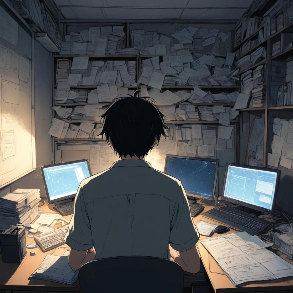 Image with seed 2502214678 generated via Stable Diffusion through @stablehorde@sigmoid.social. Prompt: a systemadministrator, tired, frustrated, He stares into his Laptop, in a dimmed untidy room , (manga artwork:1.1), drawn by Makoto Shinkai, (birthday theme:1.3)###, colorful,realistic, render, 3d, photographic