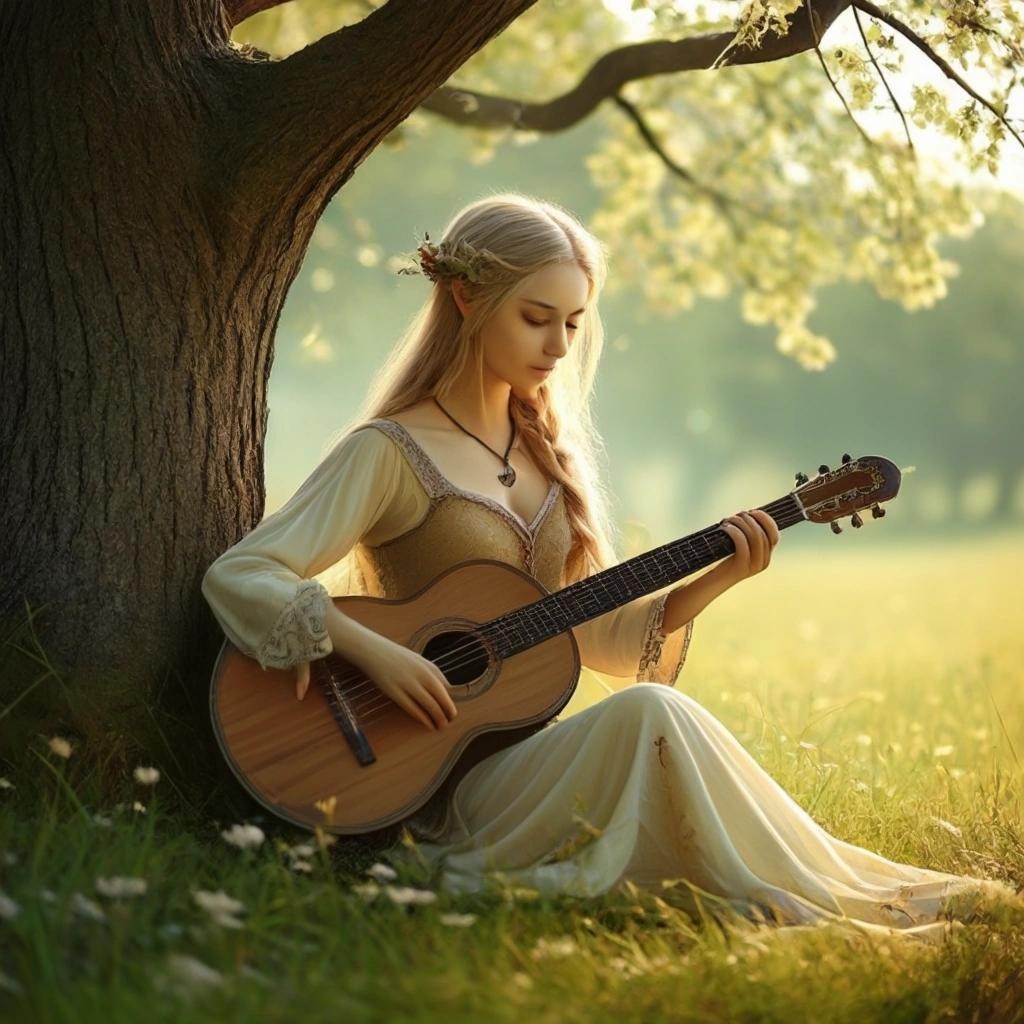 Image with seed 2911300665 generated via Stable Diffusion through @stablehorde@sigmoid.social. Prompt: beautiful Elven lady playing the lute under a tree in a meadow