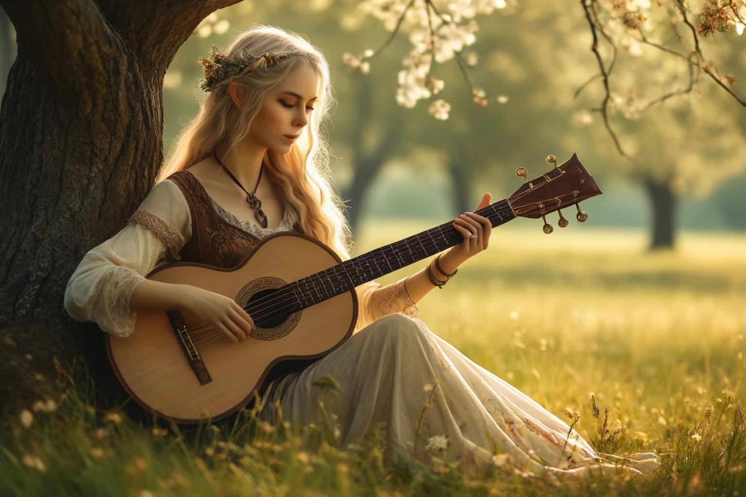 Image with seed 3371629204 generated via Stable Diffusion through @stablehorde@sigmoid.social. Prompt: beautiful Elven lady playing the lute under a tree in a meadow